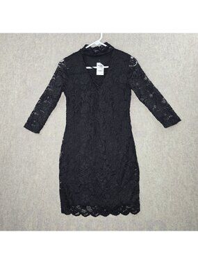 Ambiance  Womens Lace Black Midi Dress Size M Semi Sheer Bodycon Long Sleeves